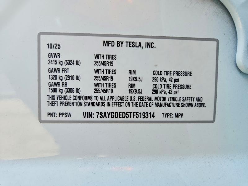 Aukcja sprzedaży 2026 Tesla Model Y, vin: 7SAYGDED5TF519314, numer aukcji: 57215586