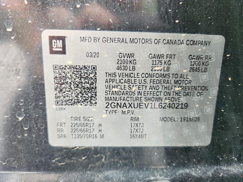 2020 Chevrolet Equinox მანქანა იყიდება აუქციონზე, vin: 2GNAXUEV1L6240219, აუქციონის ნომერი: 58745996