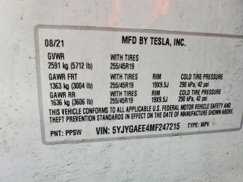 2021 Tesla Model Y მანქანა იყიდება აუქციონზე, vin: 5YJYGAEE4MF247215, აუქციონის ნომერი: 55694046