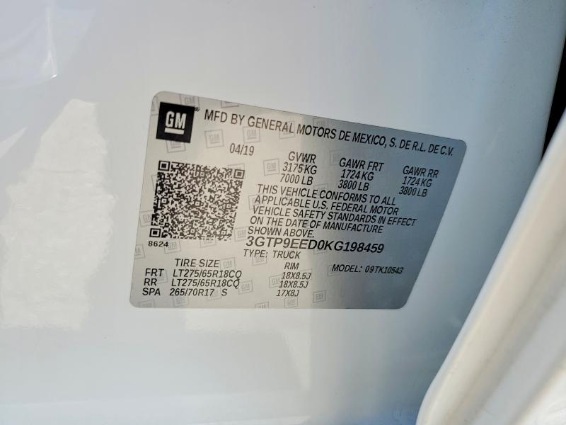 Aukcja sprzedaży 2019 Gmc Sierra, vin: 3GTP9EED0KG198459, numer aukcji: 56466956