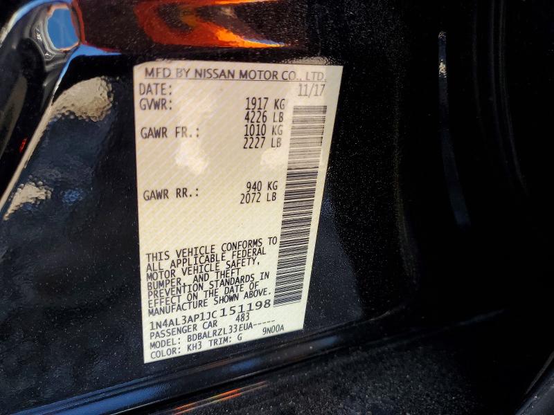 2018 Nissan Altima მანქანა იყიდება აუქციონზე, vin: 1N4AL3AP1JC151198, აუქციონის ნომერი: 55843986