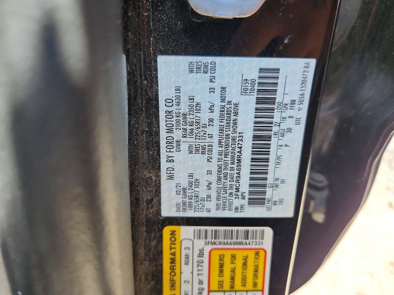 2021 Ford Bronco Sport მანქანა იყიდება აუქციონზე, vin: 3FMCR9A69MRA47331, აუქციონის ნომერი: 56139126