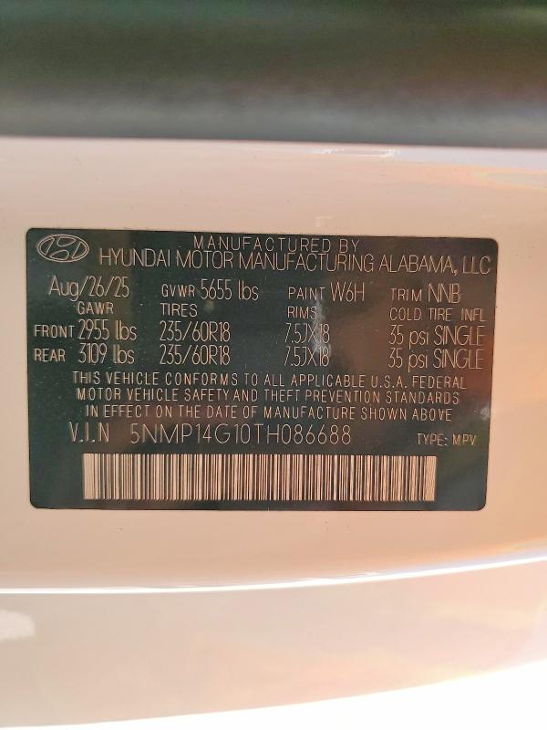 2026 Hyundai Santa Fe მანქანა იყიდება აუქციონზე, vin: 5NMP14G10TH086688, აუქციონის ნომერი: 56899816