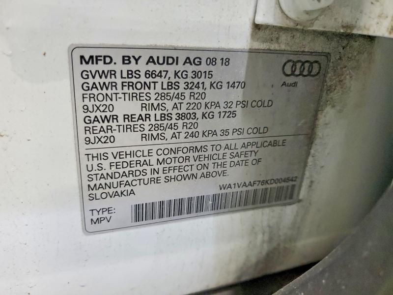 58098296 :رقم المزاد ، WA1VAAF76KD004542 vin ، 2019 Audi Q7 مزاد بيع