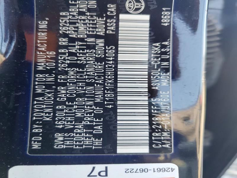 2017 Toyota Camry მანქანა იყიდება აუქციონზე, vin: 4T1BF1FK6HU344065, აუქციონის ნომერი: 59026626