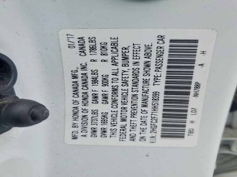 Продаж на аукціоні авто 2017 Honda Civic, vin: 2HGFC2F71HH518399, номер лоту: 57908856