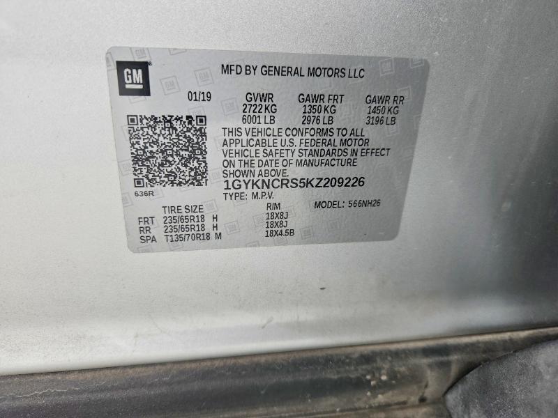 58872466 :رقم المزاد ، 1GYKNCRS5KZ209226 vin ، 2019 Cadillac Xt5 مزاد بيع