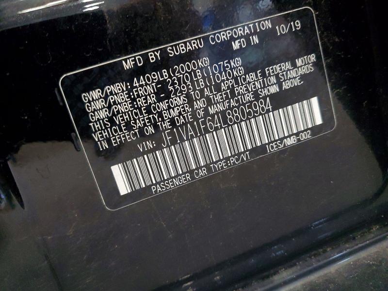 Продаж на аукціоні авто 2020 Subaru Wrx, vin: JF1VA1F64L8805984, номер лоту: 59255106