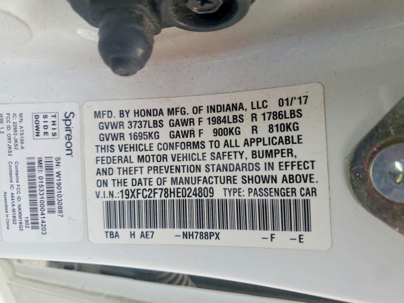 2017 Honda Civic მანქანა იყიდება აუქციონზე, vin: 19XFC2F78HE024809, აუქციონის ნომერი: 56416516