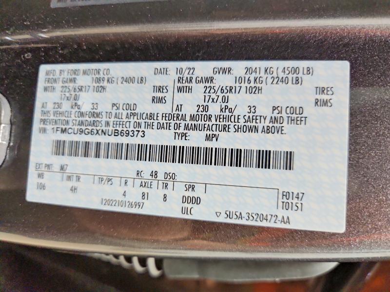 Продаж на аукціоні авто 2022 Ford Escape, vin: 1FMCU9G6XNUB69373, номер лоту: 58899756