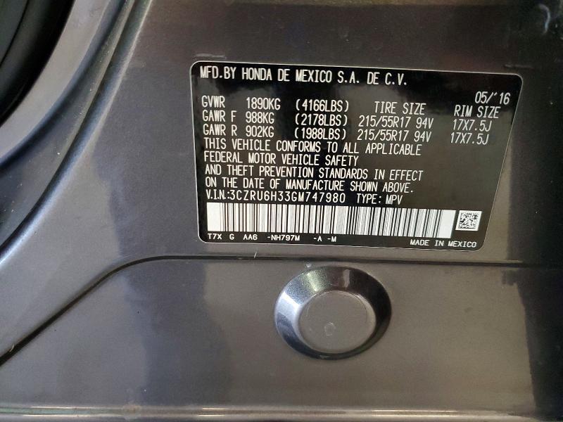 57550096 :رقم المزاد ، 3CZRU6H33GM747980 vin ، 2016 Honda Hr-v مزاد بيع
