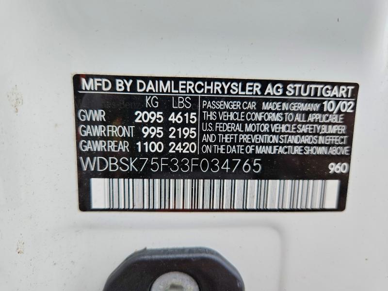 58818416 :رقم المزاد ، WDBSK75F33F034765 vin ، 2003 Mercedes-benz Sl مزاد بيع