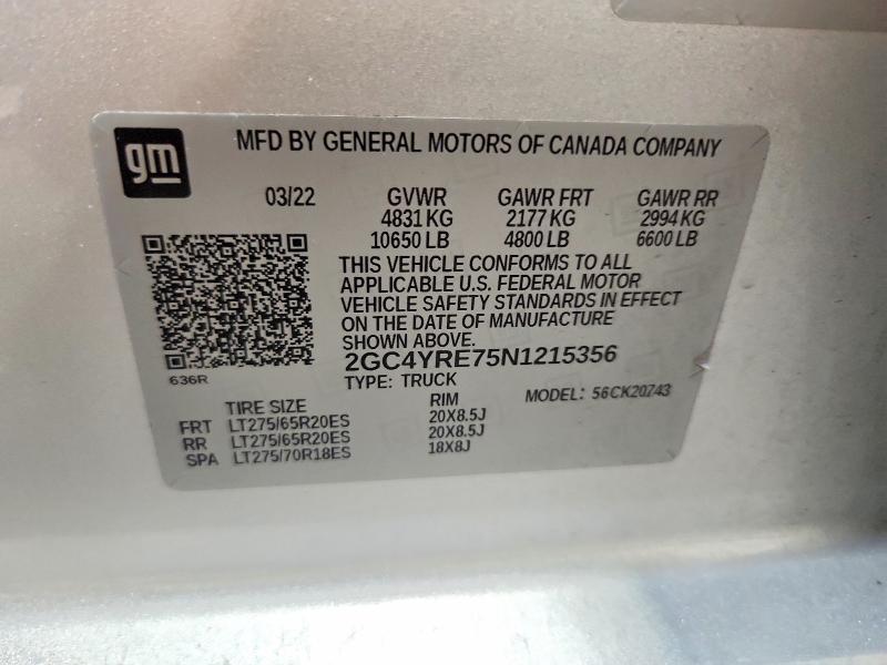 2022 Chevrolet Silverado მანქანა იყიდება აუქციონზე, vin: 2GC4YRE75N1215356, აუქციონის ნომერი: 52347916