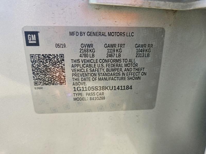 2019 Chevrolet Impala მანქანა იყიდება აუქციონზე, vin: 1G1105S38KU141184, აუქციონის ნომერი: 57340676