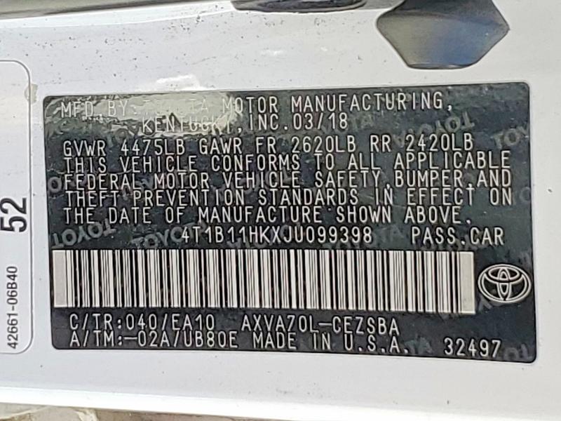 2018 Toyota Camry მანქანა იყიდება აუქციონზე, vin: 4T1B11HKXJU099398, აუქციონის ნომერი: 57622186