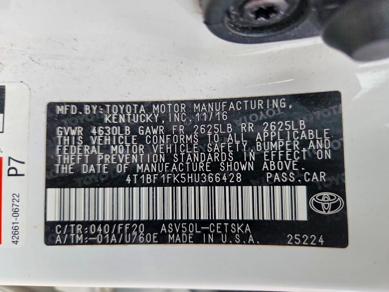2017 Toyota Camry მანქანა იყიდება აუქციონზე, vin: 4T1BF1FK5HU366428, აუქციონის ნომერი: 57631636