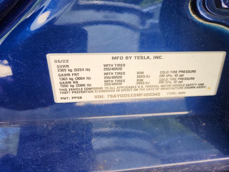 Продажа на аукционе авто 2022 Tesla Model Y, vin: 7SAYGDEE8NF480245, номер лота: 56573086