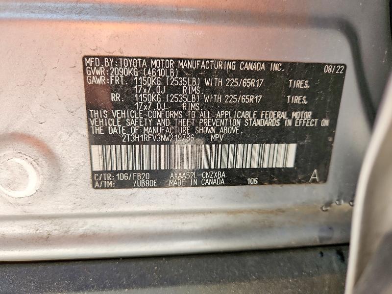 55524206 :رقم المزاد ، 2T3H1RFV3NW219786 vin ، 2022 Toyota Rav4 مزاد بيع
