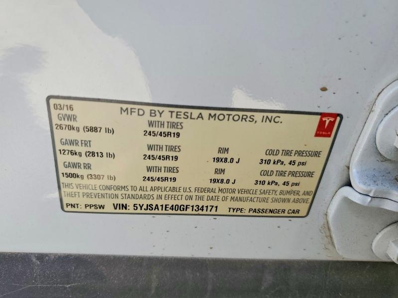 57381386 :رقم المزاد ، 5YJSA1E40GF134171 vin ، 2016 Tesla Model S مزاد بيع