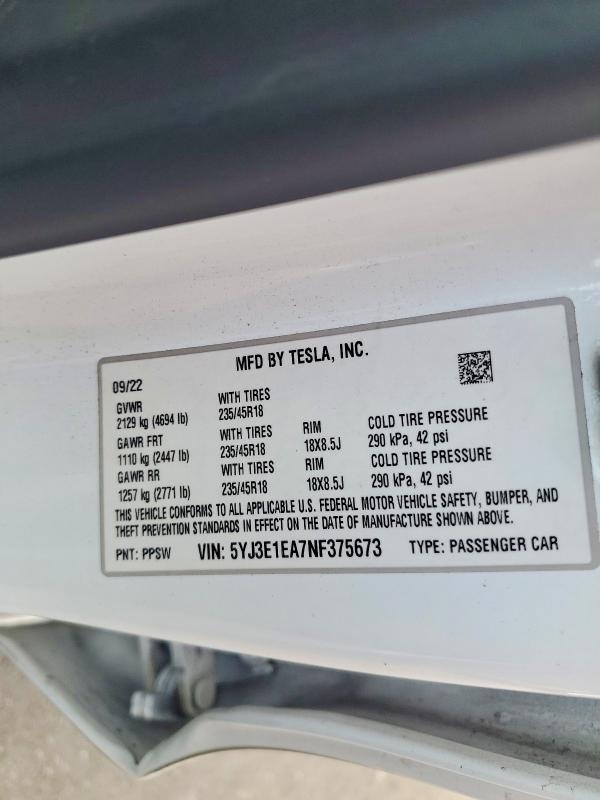 2022 Tesla Model 3 მანქანა იყიდება აუქციონზე, vin: 5YJ3E1EA7NF375673, აუქციონის ნომერი: 55801386