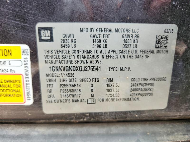 2016 Chevrolet Traverse მანქანა იყიდება აუქციონზე, vin: 1GNKVGKDXGJ276541, აუქციონის ნომერი: 56351926