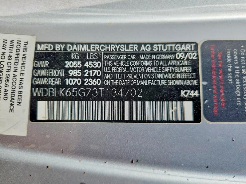95585685 :رقم المزاد ، WDBLK65G73T134702 vin ، 2003 Mercedes-benz Clk مزاد بيع