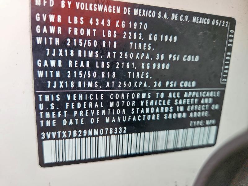 Продажа на аукционе авто 2022 Volkswagen Taos, vin: 3VVTX7B29NM078332, номер лота: 58986536