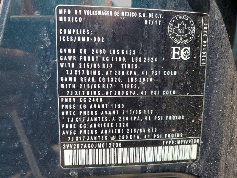 56486726 :رقم المزاد ، 3VV2B7AX0JM012706 vin ، 2018 Volkswagen Tiguan مزاد بيع