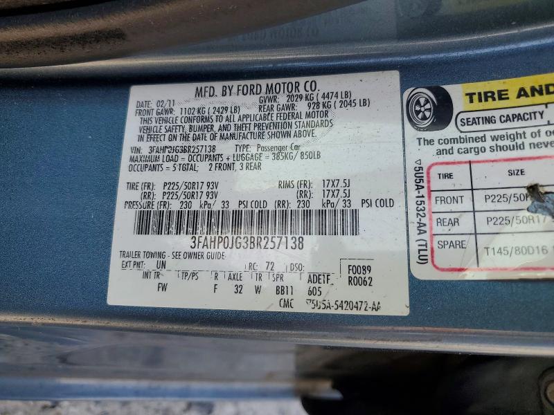 55787226 :رقم المزاد ، 3FAHP0JG3BR257138 vin ، 2011 Ford Fusion مزاد بيع