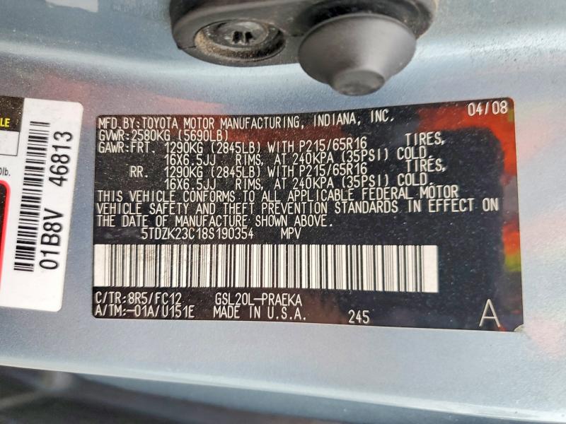 2008 Toyota Sienna მანქანა იყიდება აუქციონზე, vin: 5TDZK23C18S190354, აუქციონის ნომერი: 57919286