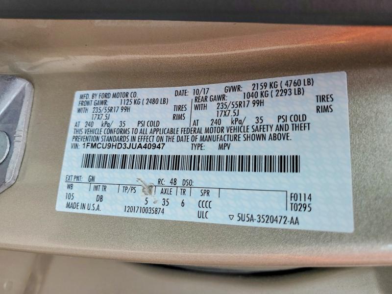 2018 Ford Escape მანქანა იყიდება აუქციონზე, vin: 1FMCU9HD3JUA40947, აუქციონის ნომერი: 57892096
