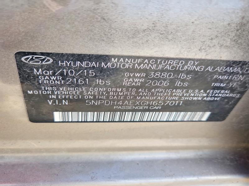 2016 Hyundai Elantra მანქანა იყიდება აუქციონზე, vin: 5NPDH4AEXGH657011, აუქციონის ნომერი: 56138076