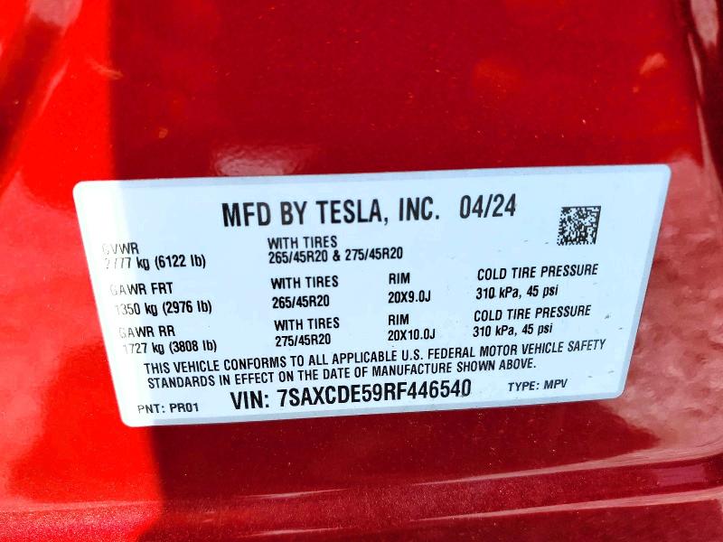 Aukcja sprzedaży 2024 Tesla Model X, vin: 7SAXCDE59RF446540, numer aukcji: 56434266