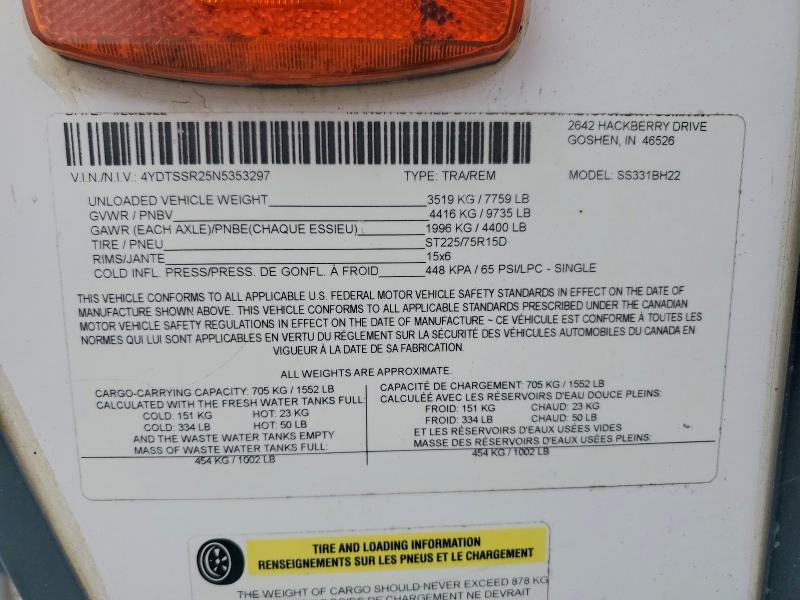 Продаж на аукціоні авто 2022 Keystone Sunset Trail, vin: 4YDTSSR25N5353297, номер лоту: 55466716