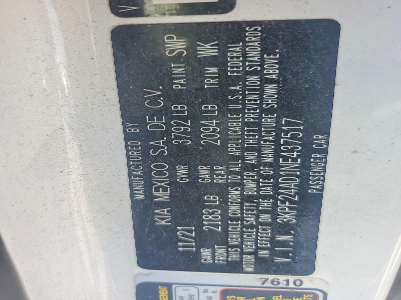 58407306 :رقم المزاد ، 3KPF24AD1NE437517 vin ، 2022 Kia Forte مزاد بيع