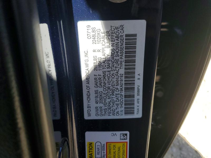 58308216 :رقم المزاد ، 1HGCV3F19KA019192 vin ، 2019 Honda Accord مزاد بيع
