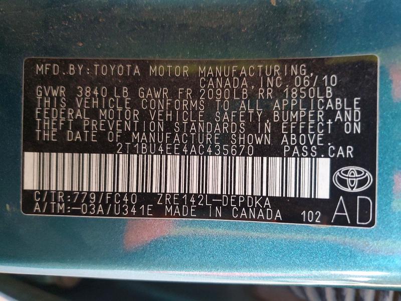 56714326 :رقم المزاد ، 2T1BU4EE4AC435670 vin ، 2010 Toyota Corolla مزاد بيع