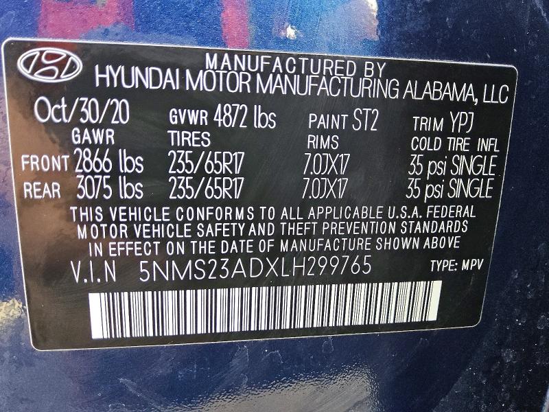 2020 Hyundai Santa Fe მანქანა იყიდება აუქციონზე, vin: 5NMS23ADXLH299765, აუქციონის ნომერი: 58461336
