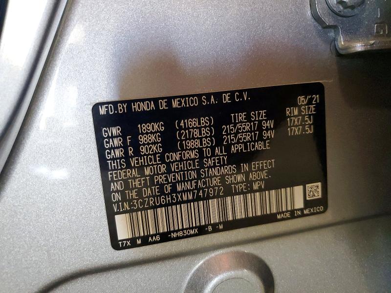 2021 Honda Hr-v მანქანა იყიდება აუქციონზე, vin: 3CZRU6H3XMM747972, აუქციონის ნომერი: 57351126