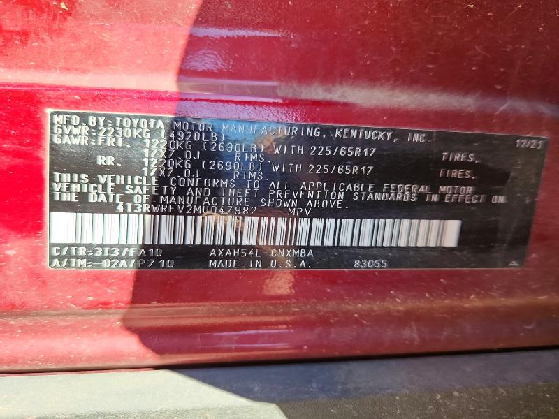 Aukcja sprzedaży 2021 Toyota Rav4, vin: 4T3RWRFV2MU047982, numer aukcji: 56343296