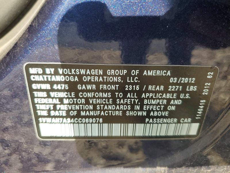 57582396 :رقم المزاد ، 1VWAH7A34CC069076 vin ، 2012 Volkswagen Passat مزاد بيع