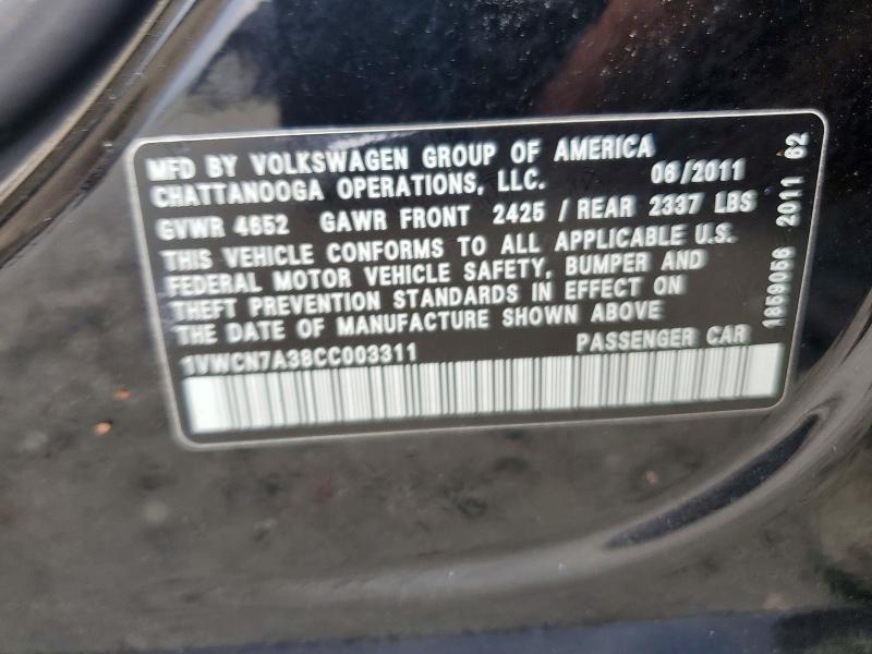 2012 Volkswagen Passat მანქანა იყიდება აუქციონზე, vin: 1VWCN7A38CC003311, აუქციონის ნომერი: 57948016