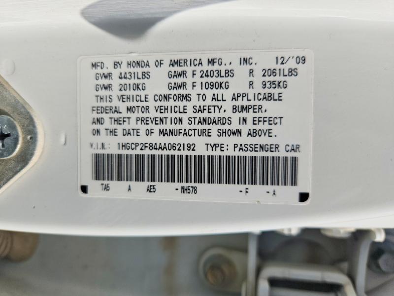 2010 Honda Accord მანქანა იყიდება აუქციონზე, vin: 1HGCP2F84AA062192, აუქციონის ნომერი: 55529486