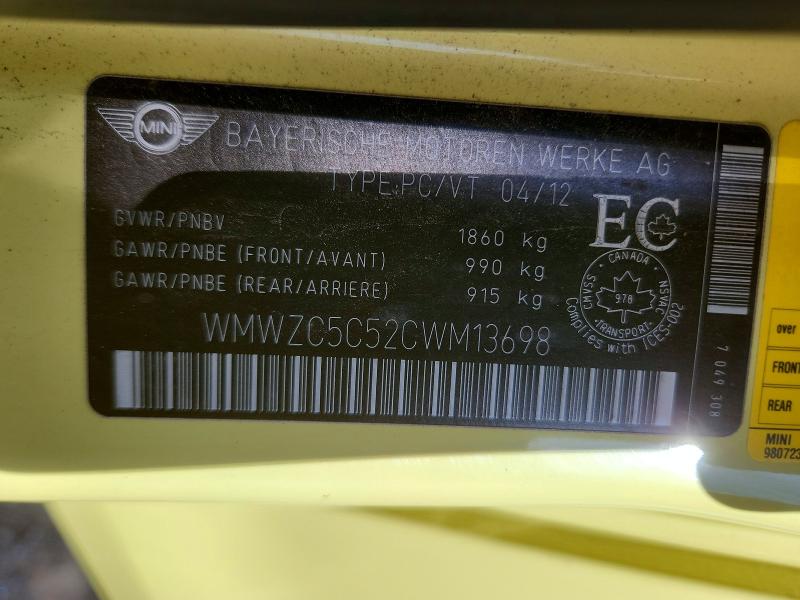 57714496 :رقم المزاد ، WMWZC5C52CWM13698 vin ، 2012 Mini Cooper مزاد بيع