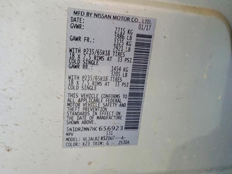 Продажа на аукционе авто 2017 Nissan Pathfinder, vin: 5N1DR2MN7HC656923, номер лота: 58820556