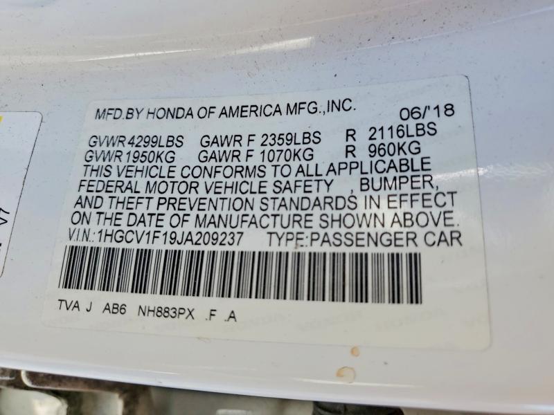 58543846 :رقم المزاد ، 1HGCV1F19JA209237 vin ، 2018 Honda Accord مزاد بيع