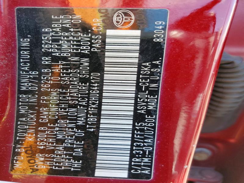 57500186 :رقم المزاد ، 4T1BF1FK2HU644170 vin ، 2017 Toyota Camry مزاد بيع