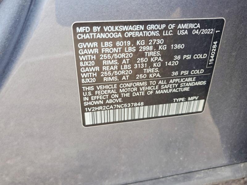 Продаж на аукціоні авто 2022 Volkswagen Atlas, vin: 1V2HR2CA7NC537848, номер лоту: 59109936