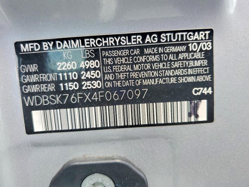 55740676 :رقم المزاد ، WDBSK76FX4F067097 vin ، 2004 Mercedes-benz Sl مزاد بيع