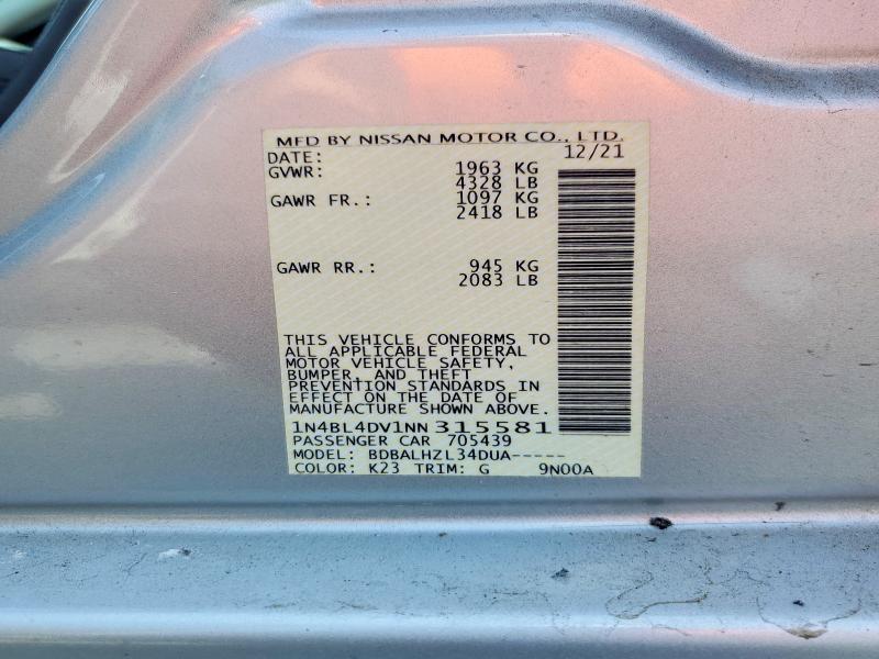 2022 Nissan Altima მანქანა იყიდება აუქციონზე, vin: 1N4BL4DV1NN315581, აუქციონის ნომერი: 55719056